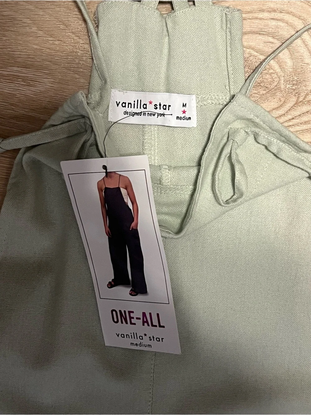 NWT Vanilla Star Sage Green Linen Blend Wide Leg Jumpsuit Strappy Back Size M